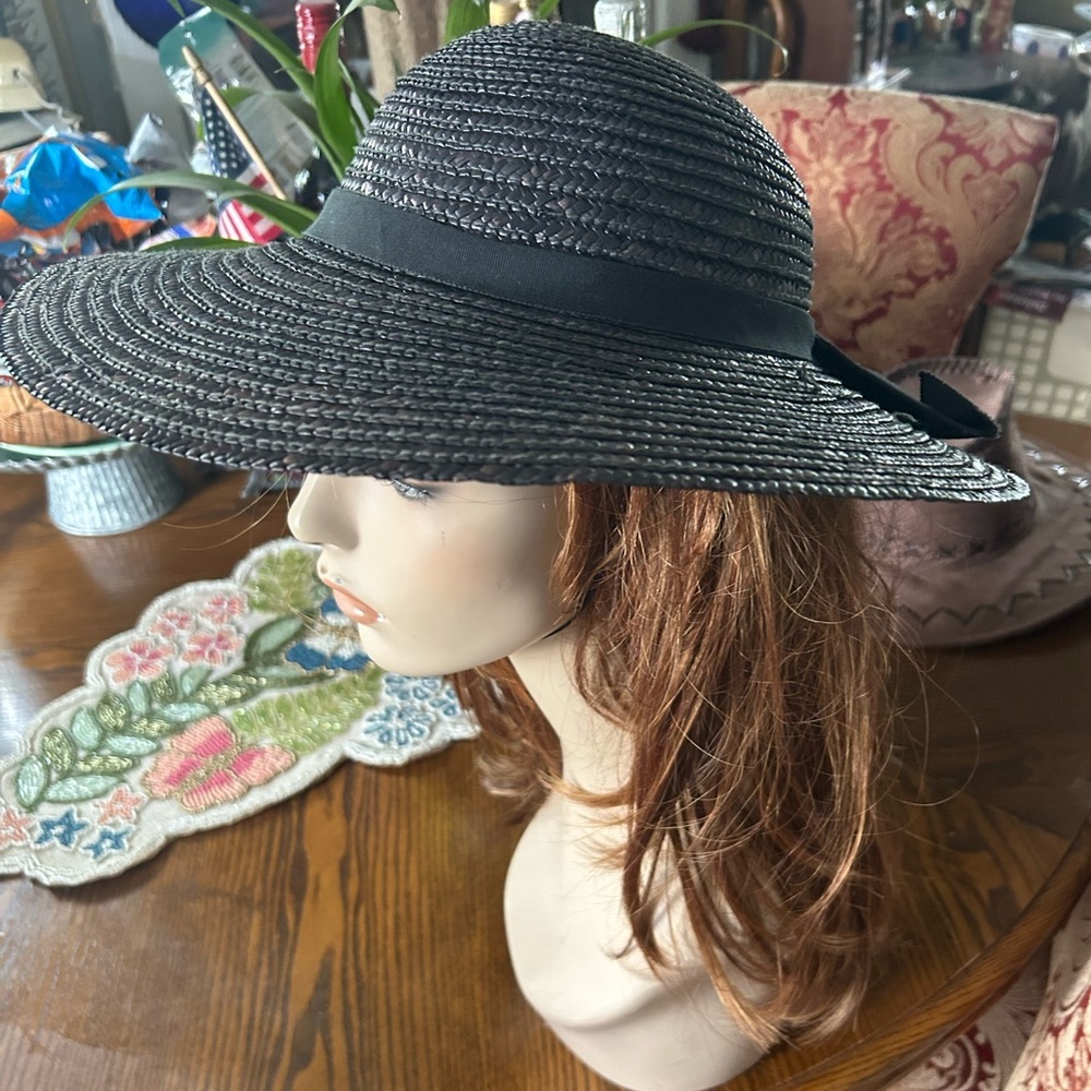 Vintage Black/Brown Straw Wide Brim Derby Hat - Picture 11 of 16